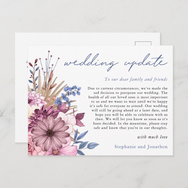 Wedding Postponement Update Modern Script Florals Announcement Postcard (Front/Back)
