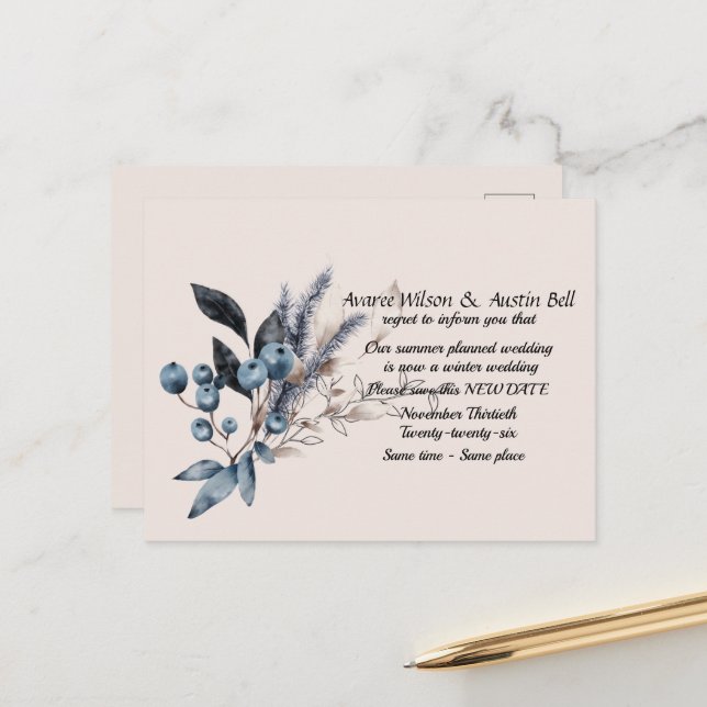 Wedding Postponement Winter Save the Date Announcement Postcard (Front/Back In Situ)