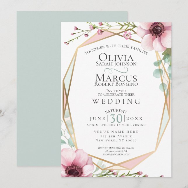 Wedding | Pretty Anemone Flowers and Foliage Invitation (Front/Back)