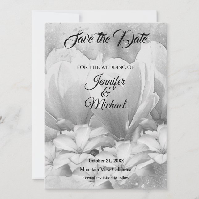 Wedding Professional Classical Floral Greyscale Save The Date (Front)