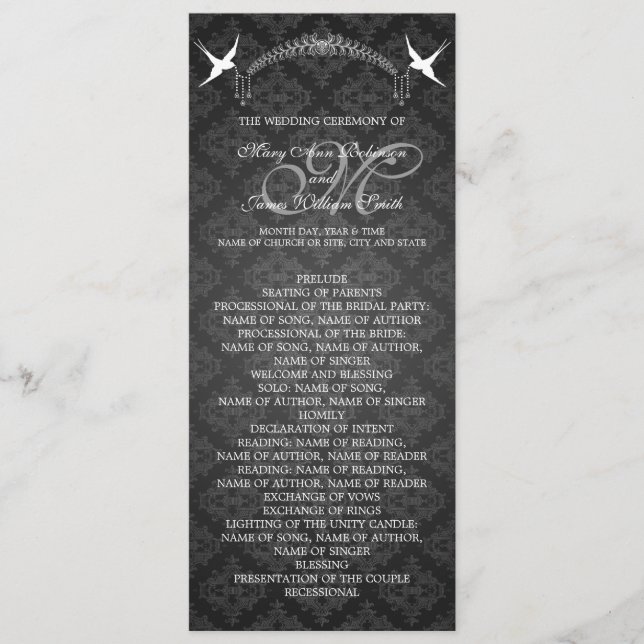 Wedding Program Birds Monogram Black (Front)