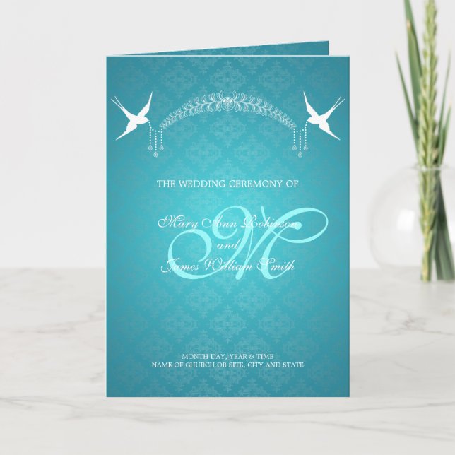 Wedding Program Birds Monogram Turquoise (Front)