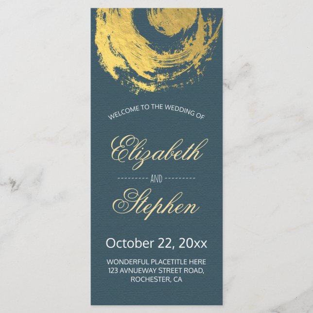Wedding Program Blue Gold Foil Circle Brush stroke (Front)