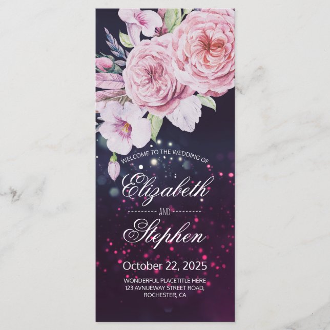 Wedding Program Boho Floral Feather Purple Lights (Front)