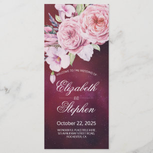 Wedding Program Boho Floral Feathers Burgundy Red