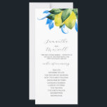Wedding Program Botanical Lemons Leaves<br><div class="desc">This botanical wedding program showcases vibrant watercolor lemons in shades of yellow, complemented by lush blue and green leaves. The names of the bride and groom, along with the wedding timeline, are elegantly displayed in a blend of hand-lettered script and sans serif typography. The back side features a solid Mykonos...</div>