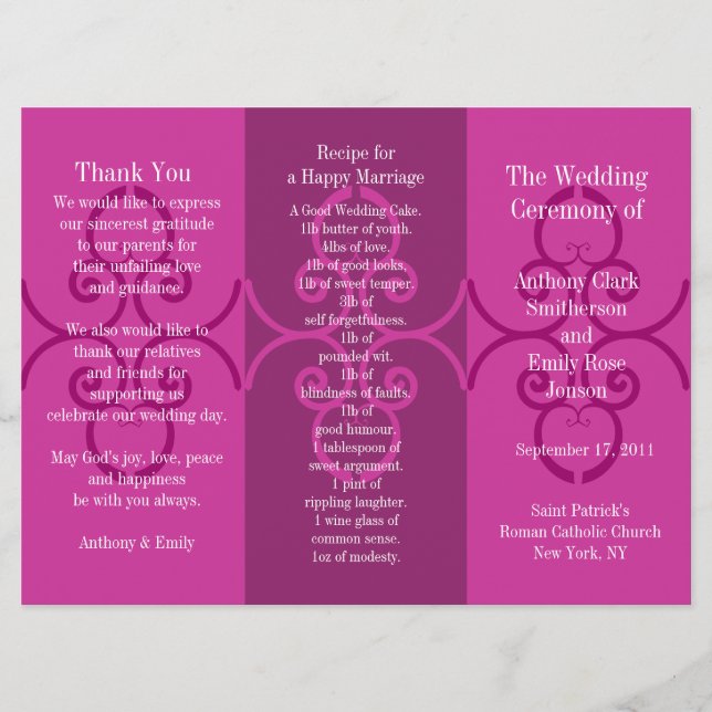 Wedding Program Brochure Pink Curl (Front)