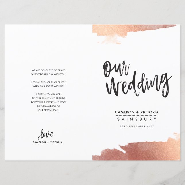 WEDDING PROGRAM brush script rose gold blush pink (Front)