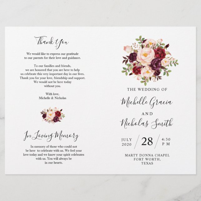 Wedding Program Burgundy Watercolor Floral, FOLD (Front)
