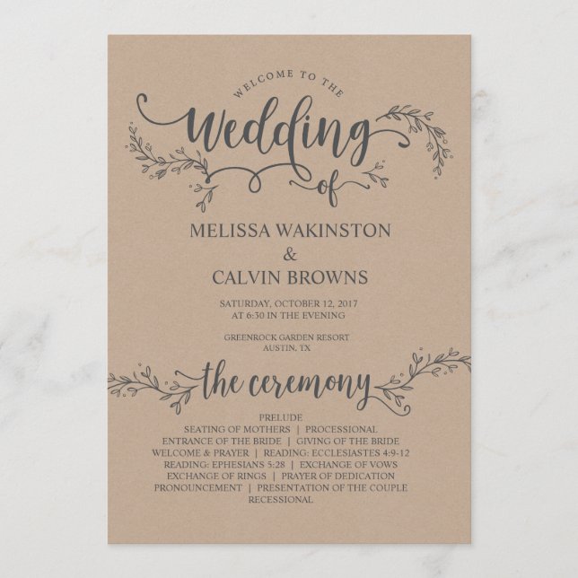 Wedding program card rustic kraft (5x7 inches) (Front)