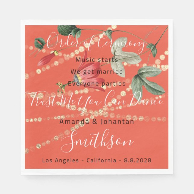 Wedding Program Coral White  Funny Quotes Gold Napkin (Front)