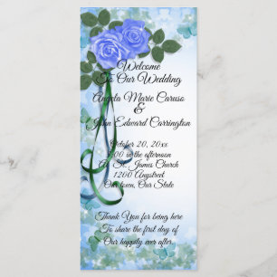 Wedding Program elegant Blue Roses teal ribbon