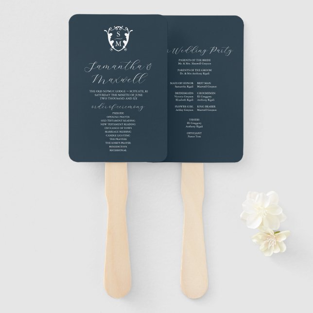 Wedding Program Fan Navy Blue Classic Monogram (Front and Back)