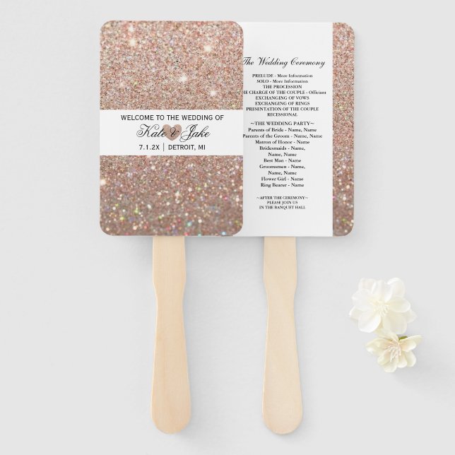 Wedding Program Fan - Rose Gold Heart Glitter Fab (Front and Back)