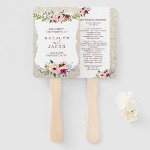 Wedding Program Fan White Gold Floral Glitter Fab
