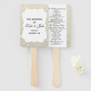 Wedding Program Fan - White Gold Glitter Elegance