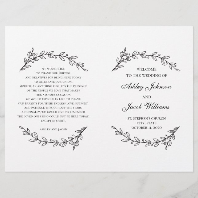 Wedding program folded. Black and white botanical (Front)