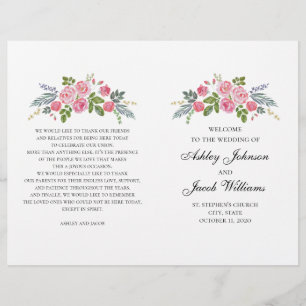 Wedding program folded. Pink roses. Garden flowers