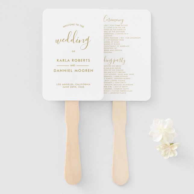 Wedding Program- Gold Calligraphy On White Hand Fan (Front and Back)