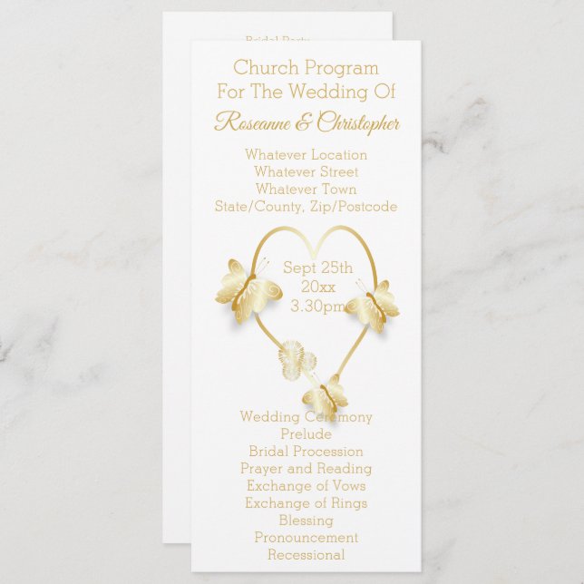 Wedding Program Gold Coloured Heart Butterfly (Front/Back)