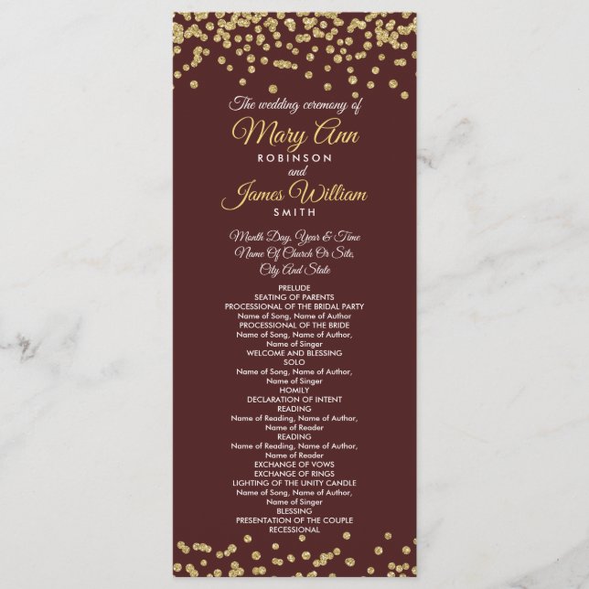 Wedding Program Gold Faux Glitter Confetti Marsala (Front)