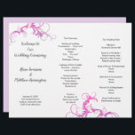 Wedding Program Magenta Flourish Tri-fold Template<br><div class="desc">Wedding program template in white with magenta flourish design. Sample is shown on pretty, and affordable, linen paper with custom text in three sections to be folded in thirds after purchase. Embellishments, in the form of leafy swirls of colour, decorate the left side of the paper, which will be the...</div>