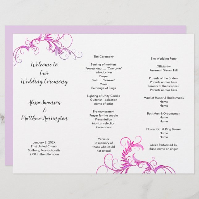 Wedding Program Magenta Flourish Tri-fold Template (Front/Back)