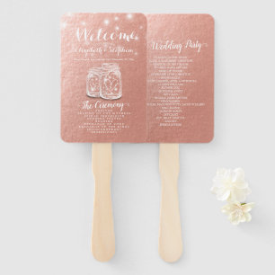 Wedding Program Mason Jars String Lights Rose Gold Hand Fan