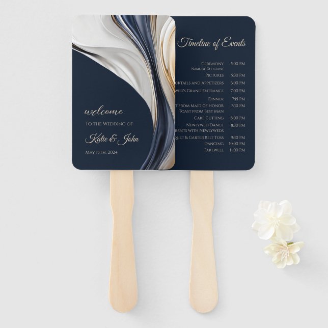 Wedding Program-Modern Abstract-Blue and Gold Hand Fan (Front and Back)