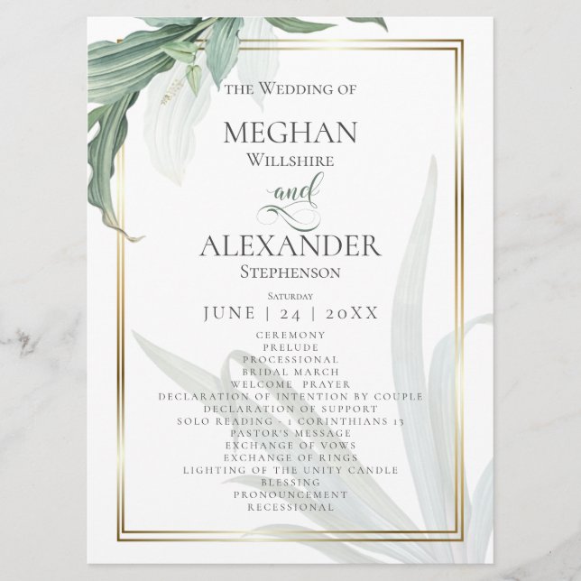 Wedding Program | Modern Elegant Tropical Leaves (Front)
