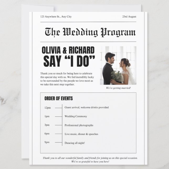 Wedding Program – Newspaper Style Front Page Desig (Front)