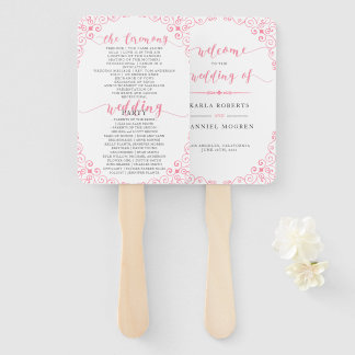 "Wedding Program" Pink Typography & Vintage Frame Hand Fan