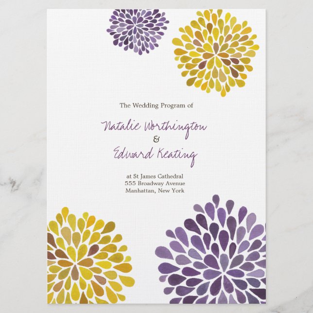 Wedding Program Purple Yellow Watercolor Dahlias (Front)