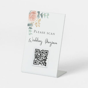 Wedding program QR code blush floral eucalyptus Pedestal Sign