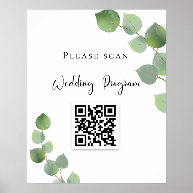 Wedding program QR code eucalyptus greenery Poster (Front)