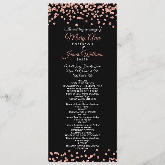 Wedding Program Rose Gold Glitter Confetti Black (Front)