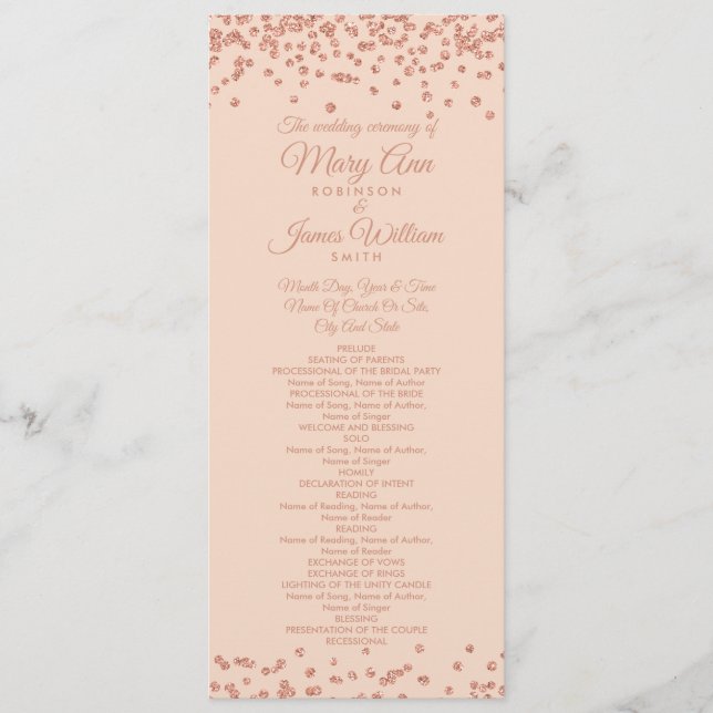 Wedding Program Rose Gold Glitter Confetti Blush (Front)