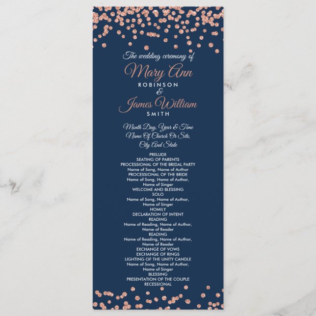 Wedding Program Rose Gold Glitter Confetti Navy (Front)