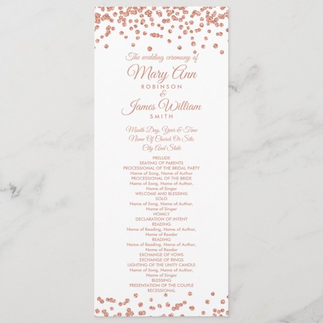 Wedding Program Rose Gold Glitter Confetti White (Front)