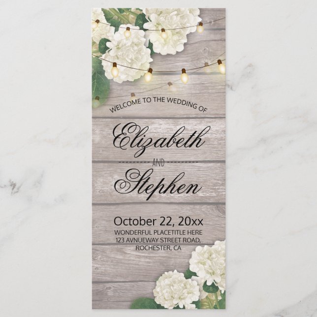 Wedding Program Rustic Wood Flowers String Lights (Front)