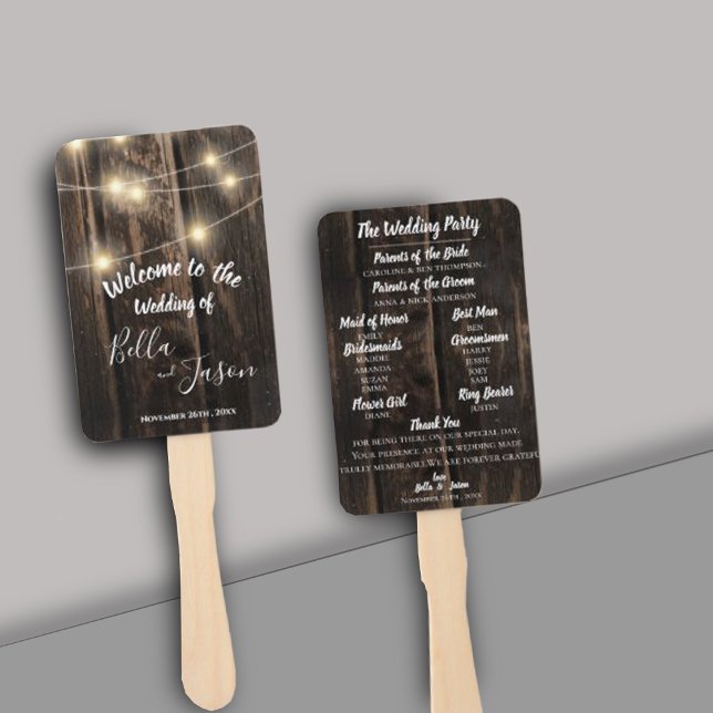 Wedding Program Rustic Wood String Lights Wedding Hand Fan (Creator Uploaded)