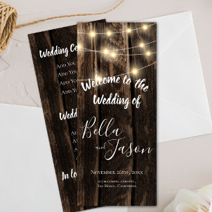 Wedding Program Rustic Wood With String Lights
