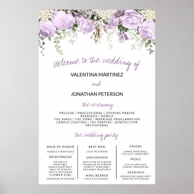 Wedding Program Sign Size Purple Rose Floral (Front)