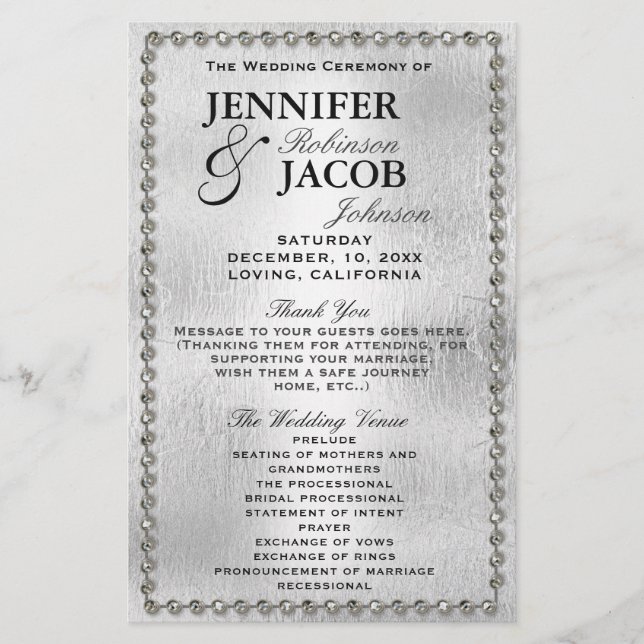 Wedding Program | Silver and Diamonds Look (Front)