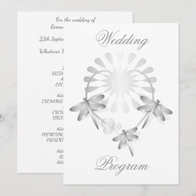 Wedding Program Silver Dragonflies Heart (Front/Back)