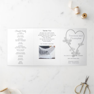Wedding Program Silver Heart Butterflies Tri-Fold Programme