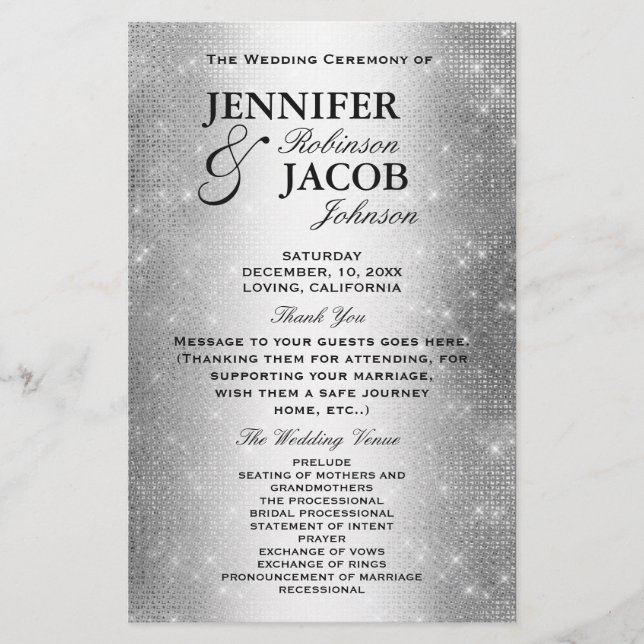 Wedding Program | Soft Silver Glitter Look (Front)