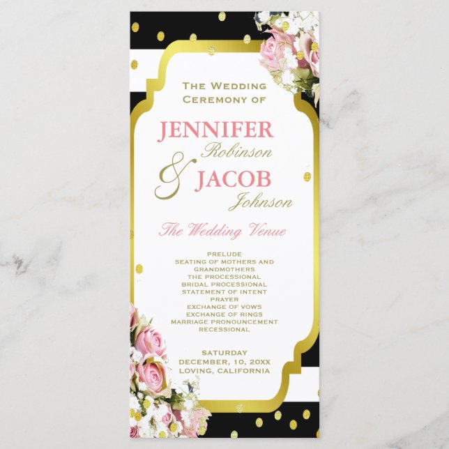 Wedding Program | Stripes, Roses, Gold Confetti (Front)