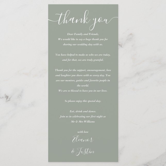 Wedding Program Thank You Sage Green Place Card (Front)