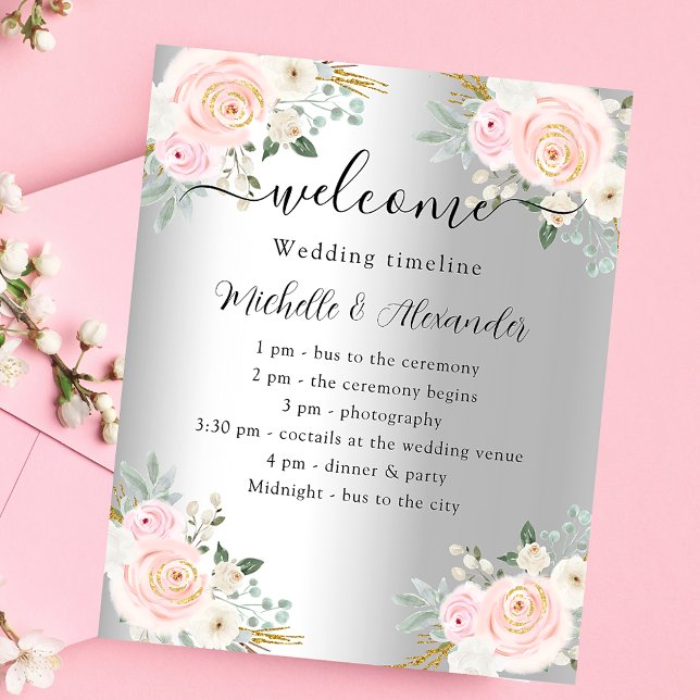 Wedding program timeline silver pink florals (Creator Uploaded)